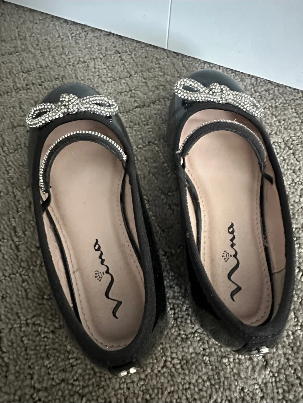 Nina Black Patent Girls Dress Shoes with Rhinestone Bow